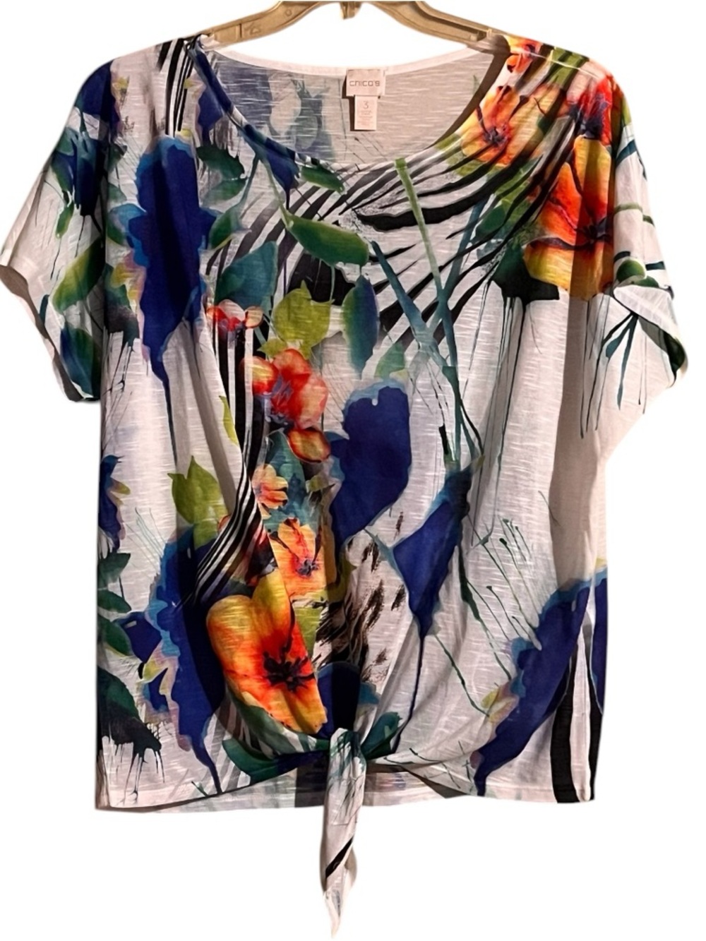 Chico's White Tropical Floral Tie-Front Short Dolman Sleeve Top 3- Multicolor